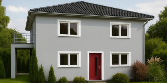 Entwurf eines modernen Einfamilienhauses in Chemnitz-Borna mit 150 m² Wohnfläche, offenem Wohn-Essbereich, Terrasse und großer Hebeschiebetür für lichtdurchflutetes Wohnen.