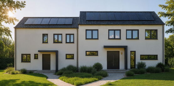 Entwurf eines modernen Doppelhauses auf dem Chemnitzer Kaßberg mit klarer Architektur, intelligenten Grundrissen, großen Glasflächen und hochwertiger Ausstattung.